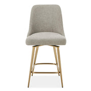Upholstered gray and gold counter stool with wooden legs, 24-27 inch height, by Uttermost Bramwell collection.