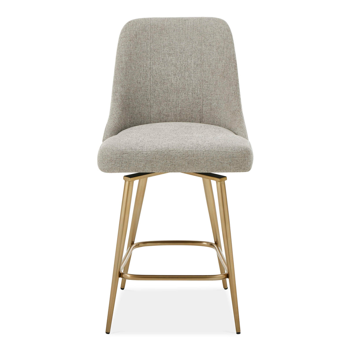 Upholstered gray and gold counter stool with wooden legs, 24-27 inch height, by Uttermost Bramwell collection.