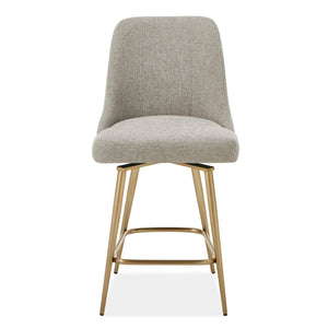 Upholstered gray and gold counter stool with wooden legs, 24-27 inch height, by Uttermost Bramwell collection.
