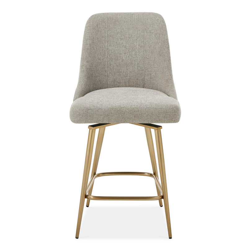 Upholstered gray and gold counter stool with wooden legs, 24-27 inch height, by Uttermost Bramwell collection.