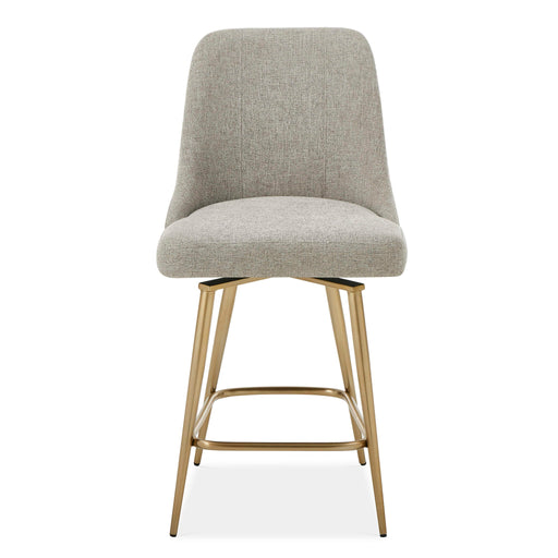 Upholstered gray and gold counter stool with wooden legs, 24-27 inch height, by Uttermost Bramwell collection.
