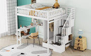DreamHaus loft bed with integrated bookshelf, drawers, desk, and wardrobe, showcasing a multi-functional bedroom furniture setup.