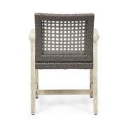 Set of two Noble House outdoor dining chairs with acacia wood frames and woven seats, ideal for patio or garden dining areas.