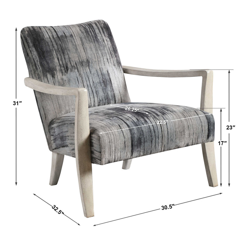 Gray watercolor chenille accent chair by Uttermost with plush upholstery and modern design, shown from a front view.