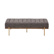 Noble House Thorian upholstered ottoman bench with gold metal base, gray fabric, channel tufting, and plush cushioning.