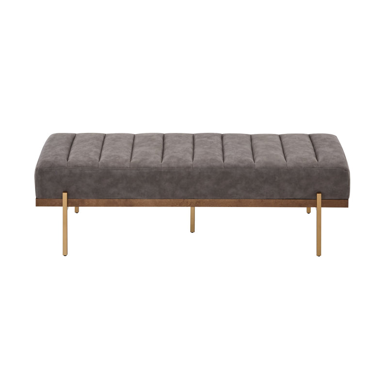 Noble House Thorian upholstered ottoman bench with gold metal base, gray fabric, channel tufting, and plush cushioning.