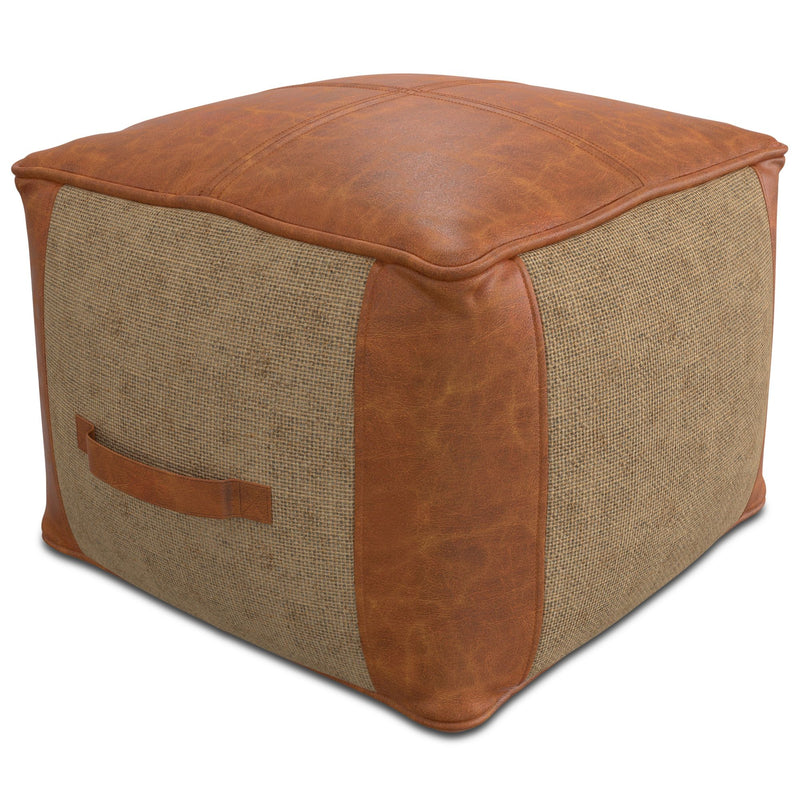 Tan accent pouf by Simpli-Home featuring a soft, round fabric design suitable for living room or lounge decor.