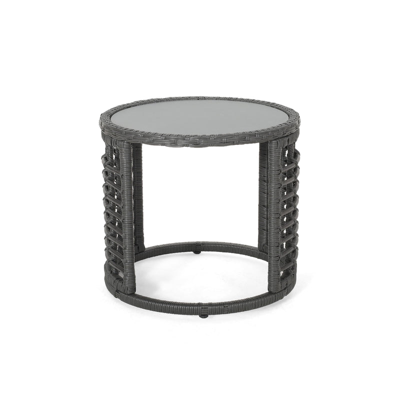 Achill - Outdoor Modern Boho Wicker Side Table With Glass Top - Gray - R&R Furniture Gallery (Fountain Valley, CA)
