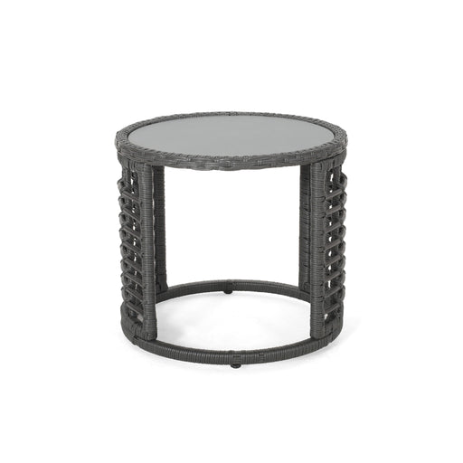 Achill - Outdoor Modern Boho Wicker Side Table With Glass Top - Gray - R&R Furniture Gallery (Fountain Valley, CA)