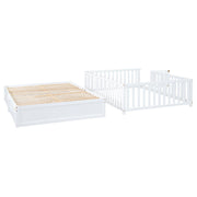 DreamHaus storage daybed with fence guardrails, two drawers, and a split design for independent floor bed and daybed use.