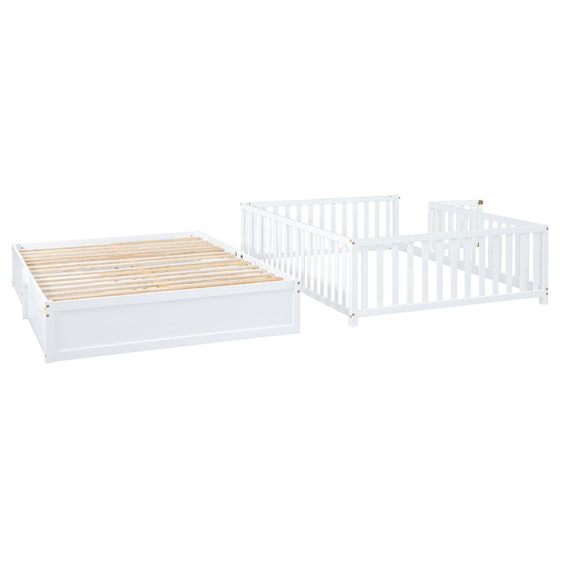 DreamHaus storage daybed with fence guardrails, two drawers, and a split design for independent floor bed and daybed use.