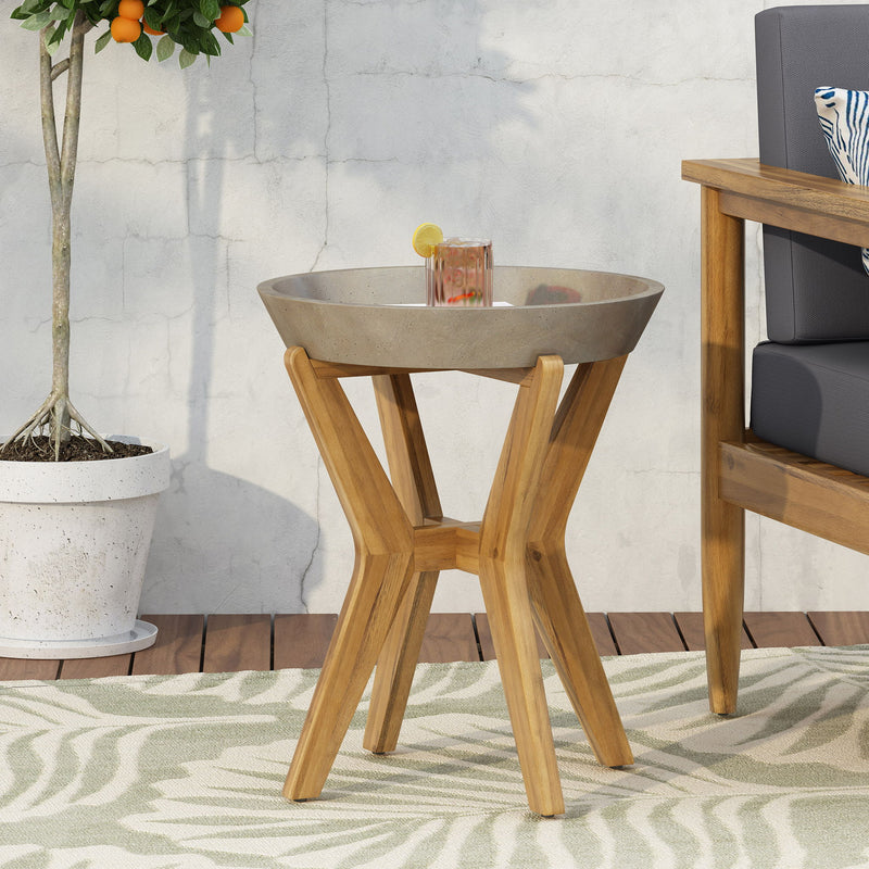 Noble House Yukon contemporary side table with lightweight concrete top and acacia wood frame in gray, modern and stylish design.