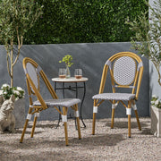 Outdoor rattan and aluminum French bistro chair set by Noble House, featuring stylish and durable seating for outdoor dining.