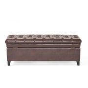 Noble House Juliana storage ottoman with birch wood legs, upholstered in light fabric, showing its cushioned top and stylish design.