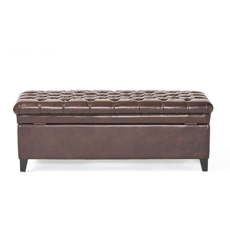 Noble House Juliana storage ottoman with birch wood legs, upholstered in light fabric, showing its cushioned top and stylish design.