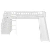 DreamHaus loft stairway bed with two drawers, convertible ladder, and slide, featuring a sturdy wooden frame and playful design.