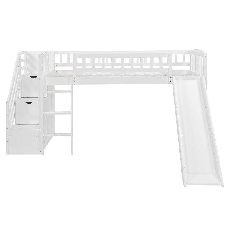 DreamHaus loft stairway bed with two drawers, convertible ladder, and slide, featuring a sturdy wooden frame and playful design.