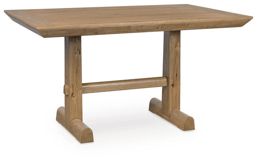 Rectangular light brown Benchcraft® Ridgester dining room counter table with sturdy wooden legs and smooth surface.