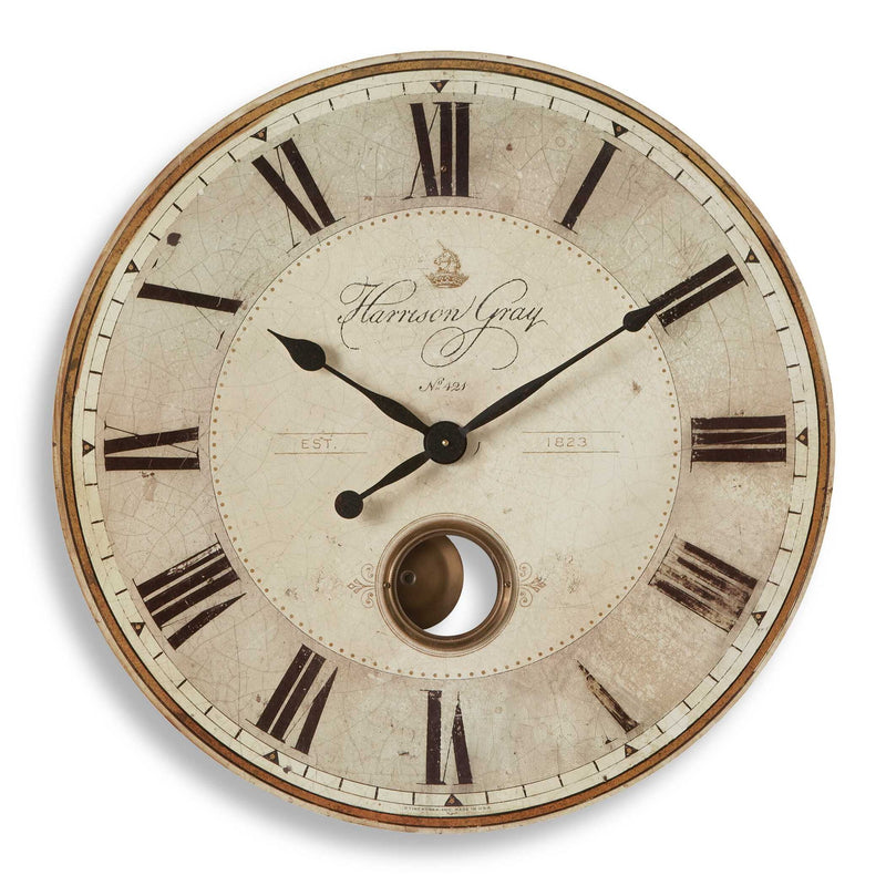 Uttermost Harrison Gray wall clock with round face and minimalist design, featuring a sleek gray finish and modern style.
