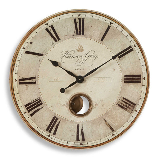 Uttermost Harrison Gray wall clock with round face and minimalist design, featuring a sleek gray finish and modern style.