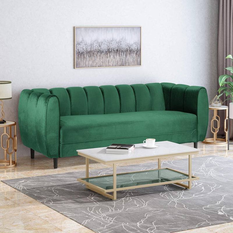 Noble House Miranda modern glam 3-seater stationary sofa with plush fabric and sleek design in a stylish living room setting.