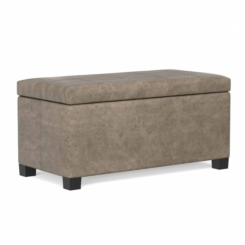 Simpli-Home Dover storage ottoman in smoky brown leather with lift-up lid and interior storage space.
