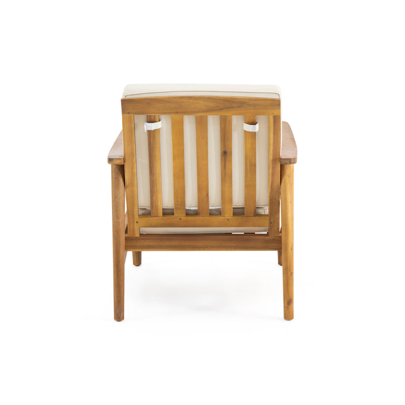 Noble House Emmry outdoor acacia wood club arm chair with a comfortable cushion, ideal for patio or garden seating.