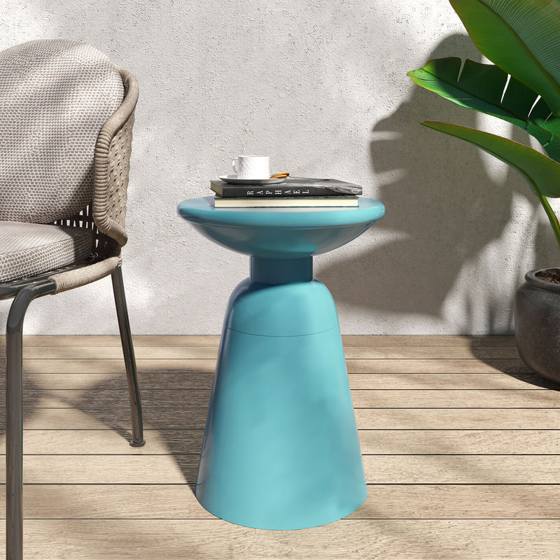 Modern metal outdoor end table by Noble House featuring a large round surface and sleek design for patio or garden use.