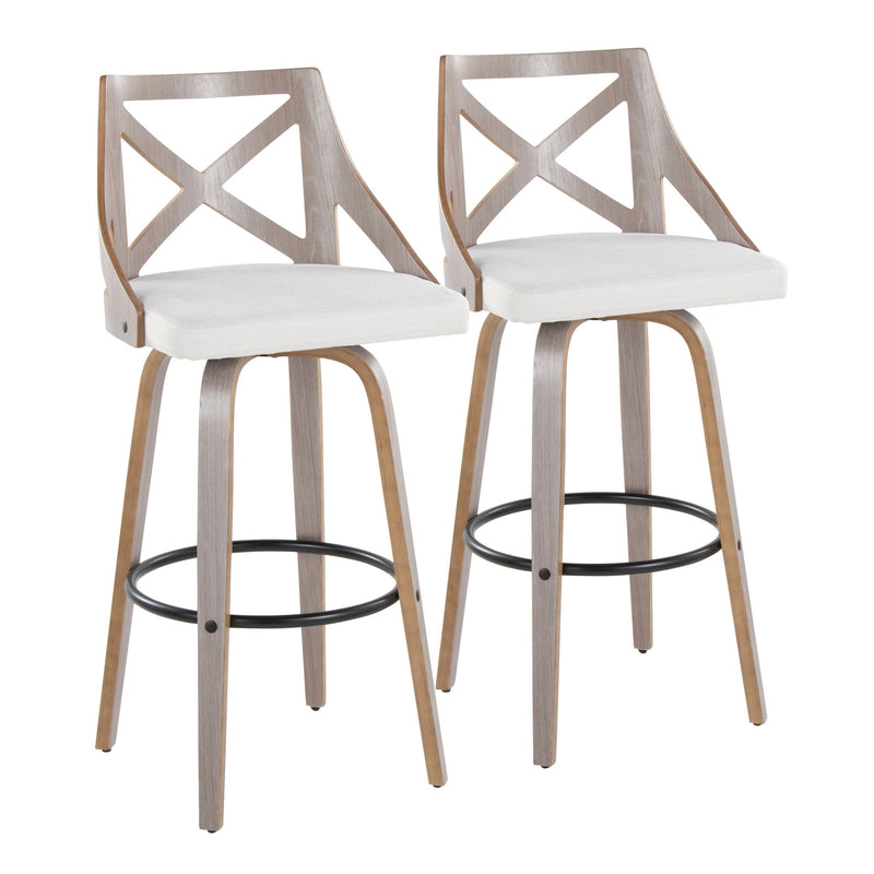 Set of two Lumi Source Charlotte farmhouse barstools with swivel, round footrest, light gray and cream upholstery, fixed height.