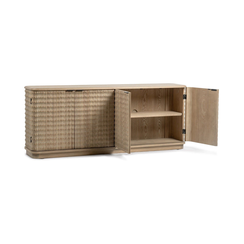 Classic Home Harbor 4-door buffet cabinet with wood finish, featuring sleek handles and ample storage space.