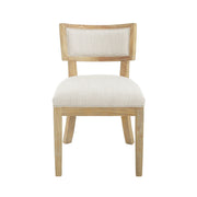 Noble House farmhouse style fabric upholstered side dining chairs set with cushioned seats and wooden legs, natural rustic design.