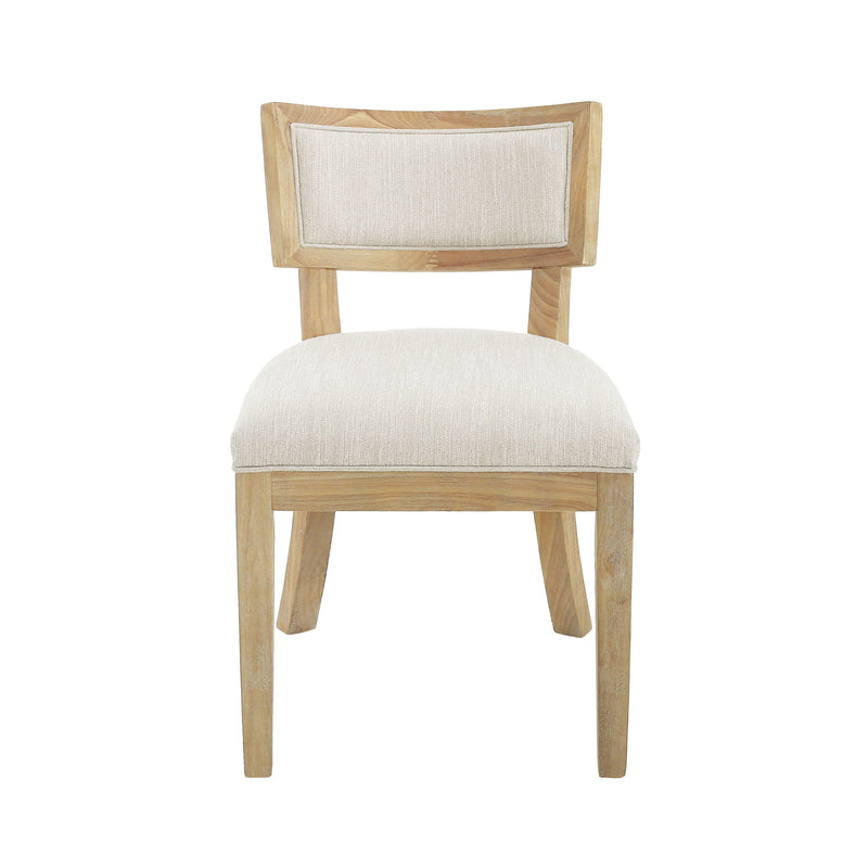 Noble House farmhouse style fabric upholstered side dining chairs set with cushioned seats and wooden legs, natural rustic design.