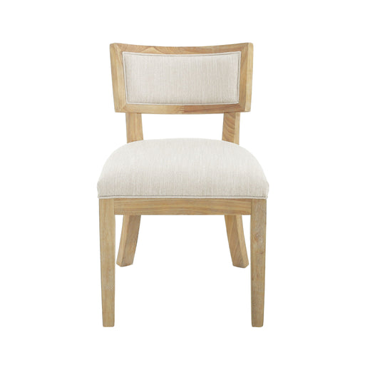 Noble House farmhouse style fabric upholstered side dining chairs set with cushioned seats and wooden legs, natural rustic design.