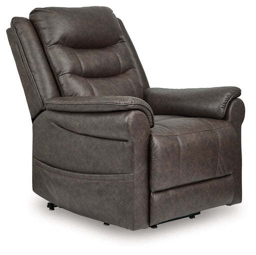 Signature Design by Ashley Oatman Power Lift Recliner in neutral fabric, showing the chair with footrest extended and plush cushioning.