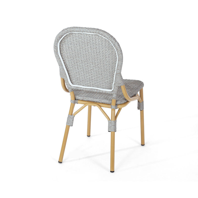 Set of two Noble House outdoor rattan and aluminum armless French bistro chairs in dark gray for patio or garden use.