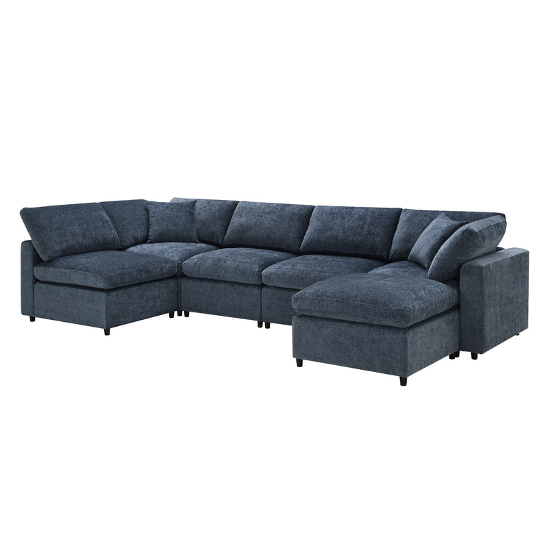 Luxe & Co. modern modular cloud sofa bed with six seats, sectional couch set with ottoman, U-shaped sleeper for living room.