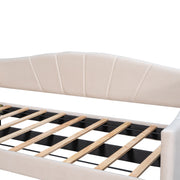 DreamHaus upholstered daybed sofa bed with trundle and wood slat base, featuring plush fabric and sturdy wooden frame.