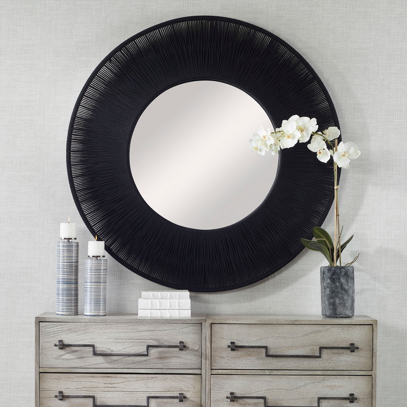 Round wall mirror with sailor's knot design by Uttermost, featuring a nautical-inspired metal frame and polished glass surface.