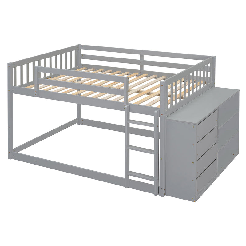DreamHaus bunk bed with built-in four drawers and three shelves, featuring a sturdy wooden frame and modern design.