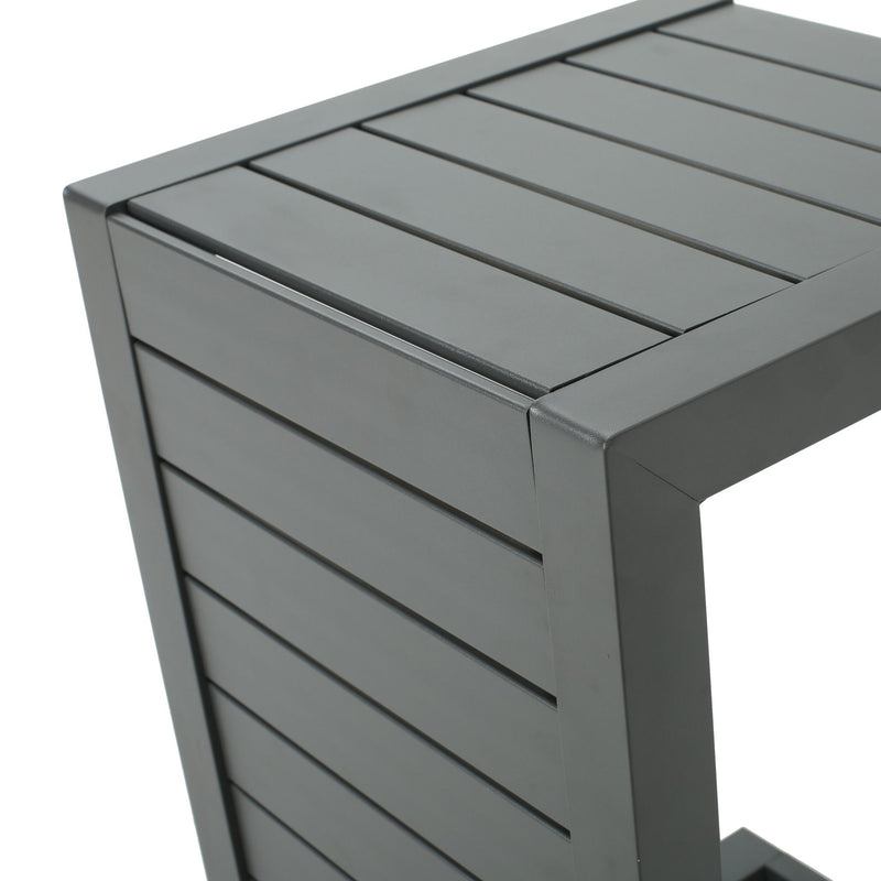 Aluminum outdoor C-shaped side table for patio by Noble House, featuring a sleek, modern design perfect for outdoor seating areas.