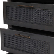 Dark gray Newell Cane 3 Drawer Dresser by Noble House, accent chest with cane front panels and sleek modern design.