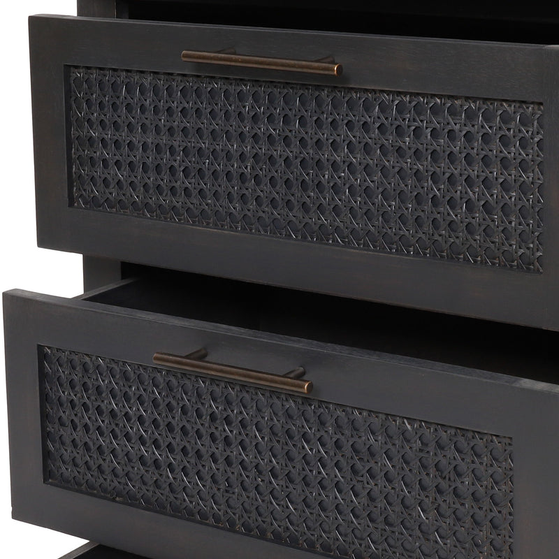 Dark gray Newell Cane 3 Drawer Dresser by Noble House, accent chest with cane front panels and sleek modern design.