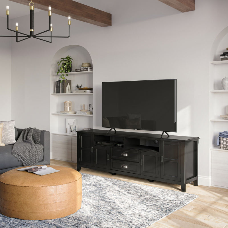 Simpli-Home Burlington TV media stand with open shelving and storage compartments in a modern dark wood finish.