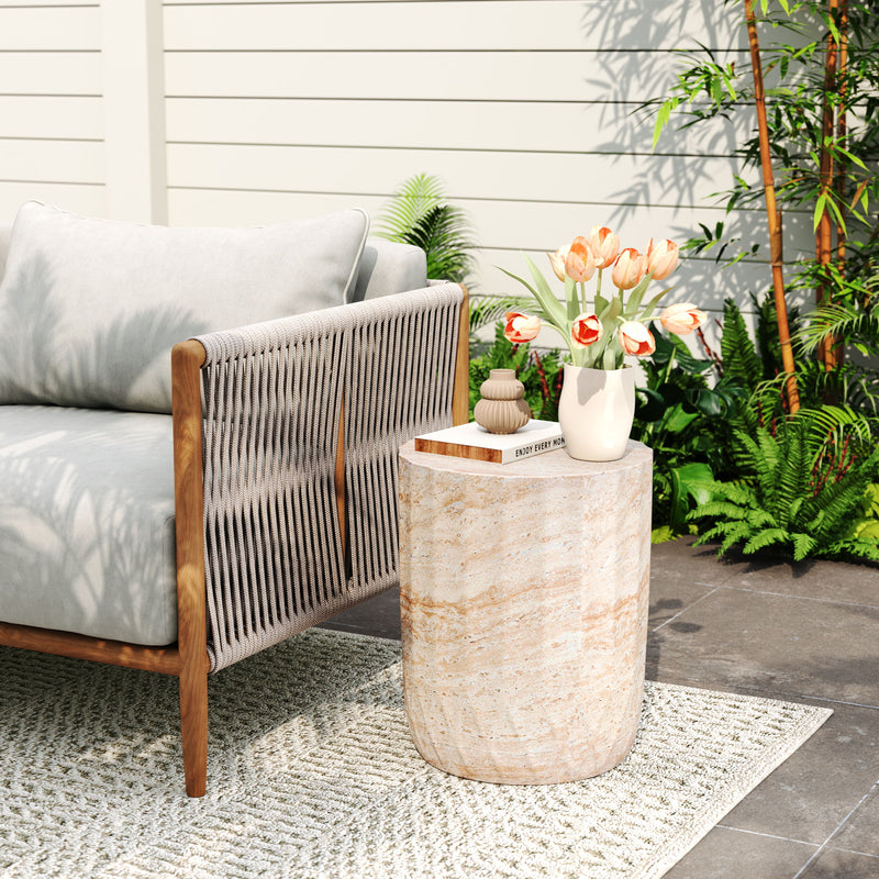 Beige lightweight concrete side table with cylinder shape and travertine finish, suitable for outdoor or indoor use by Noble House.