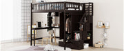 DreamHaus loft bed with integrated bookshelf, drawers, desk, and wardrobe, showcasing a modern multi-functional bedroom furniture setup.