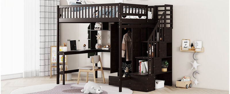 DreamHaus loft bed with integrated bookshelf, drawers, desk, and wardrobe, showcasing a modern multi-functional bedroom furniture setup.