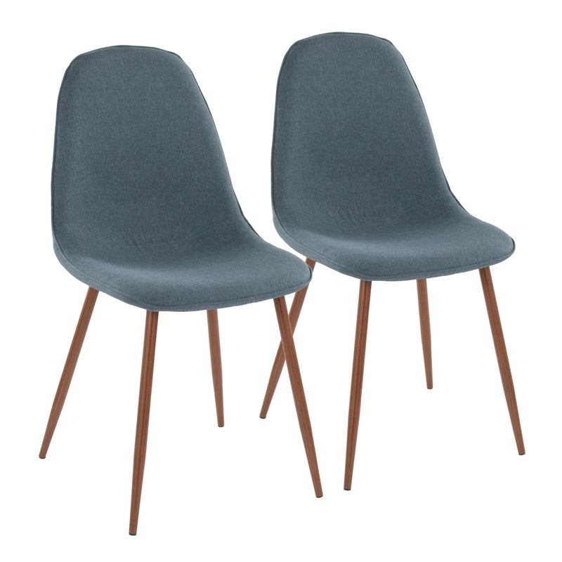 Set of two Lumi Source Pebble mid-century modern dining chairs with curved wooden backs and fabric upholstery.