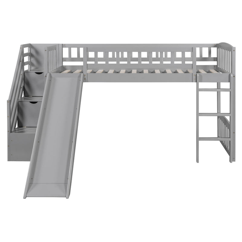 DreamHaus loft stairway bed with two drawers, convertible ladder, and slide in a modern children's bedroom setting