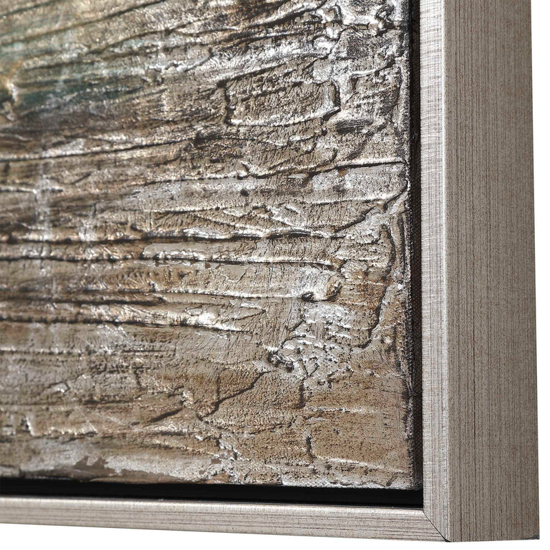 Hand painted abstract canvas art titled Desert Rain with pearl silver accents by Uttermost, featuring vibrant, textured brushstrokes.