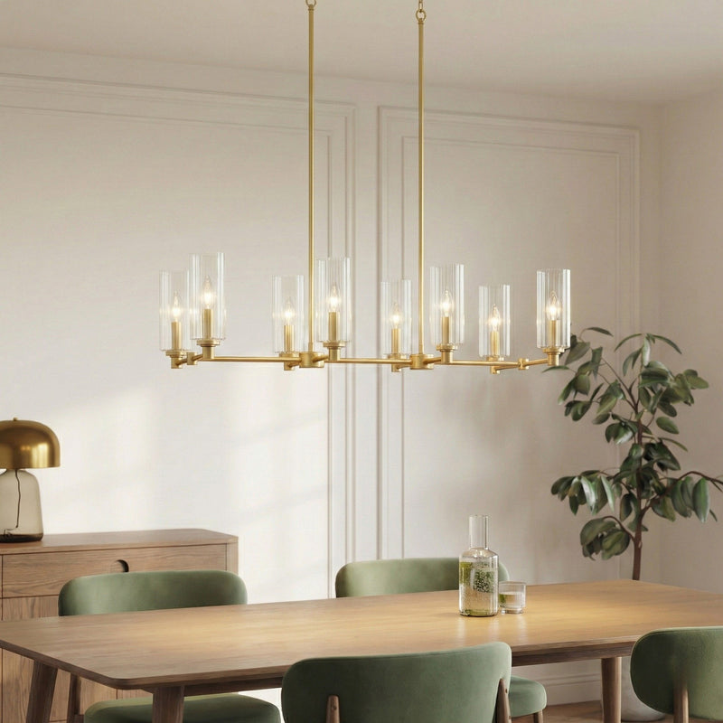 Willow - 8 Lights Island With Clear Ribbed Pendant Lamp Satin - Antique Brass / Clear / Gold - R&R Furniture Gallery (Fountain Valley, CA)
